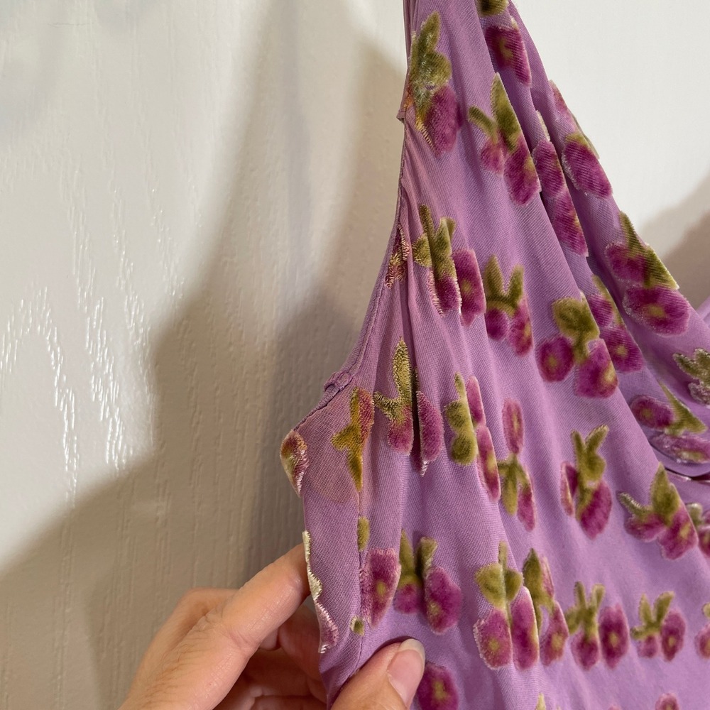 Betsey Johnson Y2K Vintage Dress Black Label Lilac Velvet Floral Silk Fringe M - Picture 9 of 12